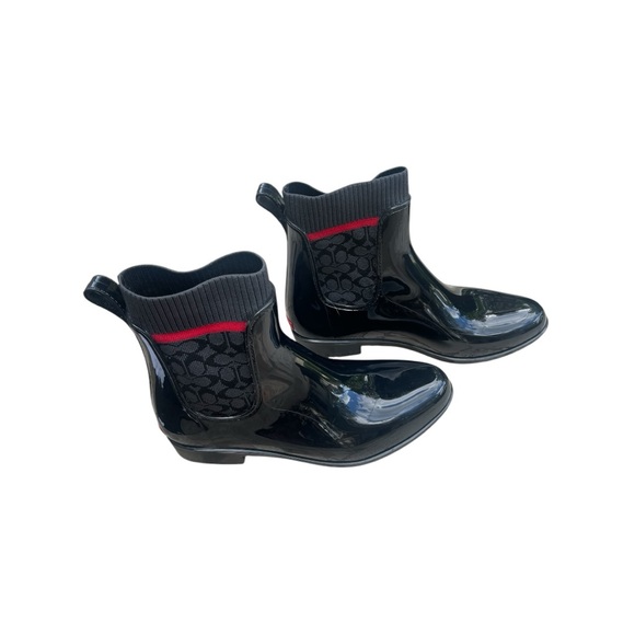 COACH Rubber Boot size 9 black pattern logo stretch pull on boots. - Picture 2 of 12